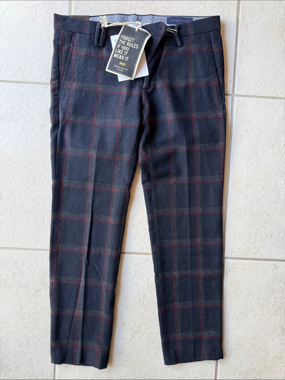 NWT Bro-Ship Men’s Navy Dress Pants with Red Windowpane Made in Italy